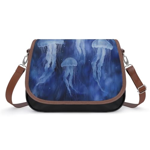 Women's Handbag Dark Blue Jellyfish Patterns Satchel Bag Leather Crossbody Bag Waterproof Messenger Bag