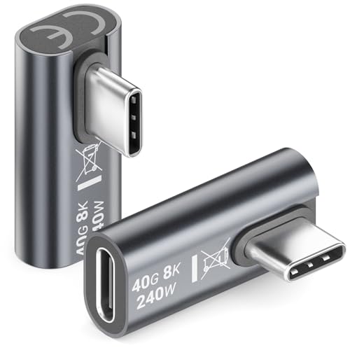 deleyCON Adaptador USB C Acodado 90° (2 Unidades)   40 Gbps, 240 W, 8K60Hz, USB 4.0, Carcasa de Aluminio, Conector USB C a Puerto USB C   para Smartphone, Tablet, Portátil, MacBook, PS5, etc.