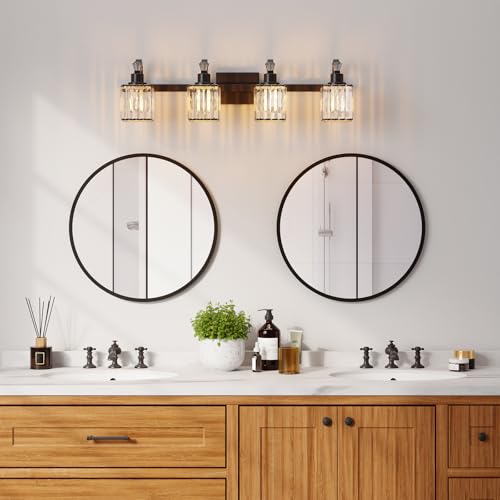 Image of GarveeTech Bathroom Vanity Light Fixtures Modern Crystal Vanity Light Fixtures Over Mirror, 4 Light Modern Crystal Wall Lighting with Square Shade(Black)