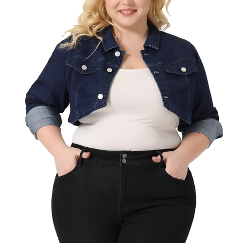 Agnes Orinda Plus Size Denim Jacket for Women Long Sleeve Washed Button Jean Crop Denim Jackets