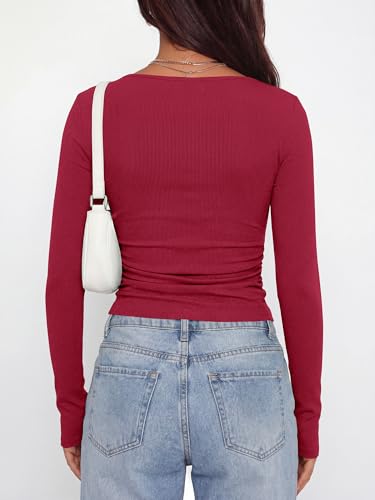 BTFBM Womens Long Sleeve T Shirts Spring Clothes 2026 Ribbed Slim Fit Boat Neck Casual Going Out Tops Workout Outfits(Burgundy, Large) - image 3
