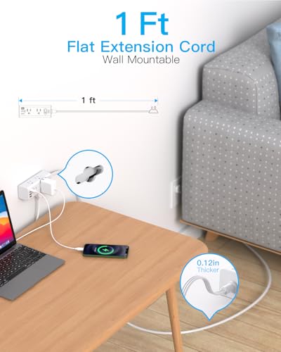 Image of 1Ft Extension Cord with Multiple Outlets, Flat Plug Power Strip Surge Protector with 1 Ft Cord, 6 Outlet 4 USB Ports (2 USB C), Multi Outlet Wall Plug for Travel, College, Dorm Room Essentials(White)
