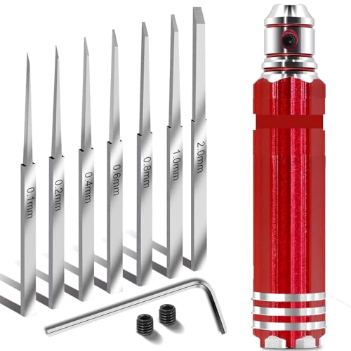 スジボリ タガネ 7つ刃セット プラモデル対応スジボリ スジ彫り 筋彫り 置換刃式 カッターヘッドガンダム部品目盛精密推刀モデル彫刻工具セット収納ケース付き (レッド)のサムネイル