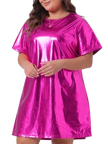 Image of Agnes Orinda Plus Size Dress for Women Metallic Round Neck Short Sleeve Party Clubwear Loose Mini T-Shirt Dress