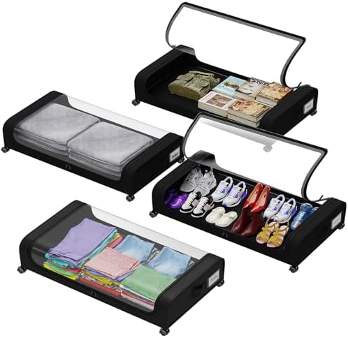 4 Pack Under Bed Storage with Wheels, Under Bed Shoe Storage Organizer with PVC Clear Window, Lids and Label, Under the Bed Storage Containers for Shoe Clothes Toy Book(Black)