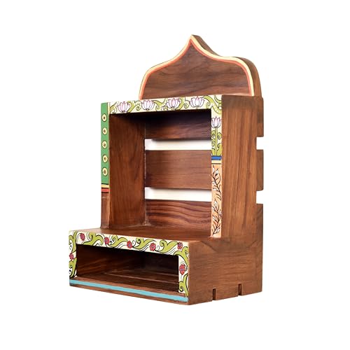 Image of AAKRITI ART CREATIONS Handcrafted Brown Wooden Wall Shelf | Decorative Hand-Painted Storage Rack, Floral Art, Matte Finish | Wall Mount Shelf for Home