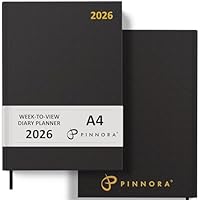 Pinnora 2026 Diary A4 Week to View, Black Year Planner Organiser 2026 Week To View, 2026 Planner, Home, School & Office, Hard Back 2026 Diaries, A5 & A4 2026 Diary in Day Per Page & Week To View