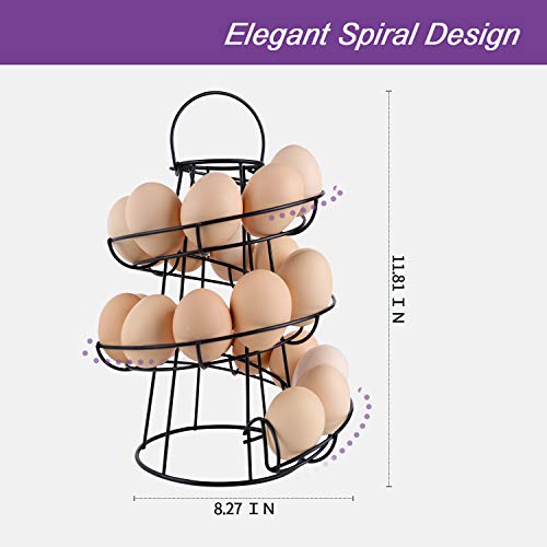 Spiral Design Egg Skelter with 2 Egg Cup Holders, Large Modern Deluxe Egg Storage Dispenser Rack for Countertop Kitchen, Black