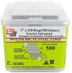 Grip-Rite 10d Sinker 3- by .12-Inch, Ring Shank, Hot-Dipped, Galvanized, Full Round Head, Plastic Collated, Stick Framing Nails, 500 per tub