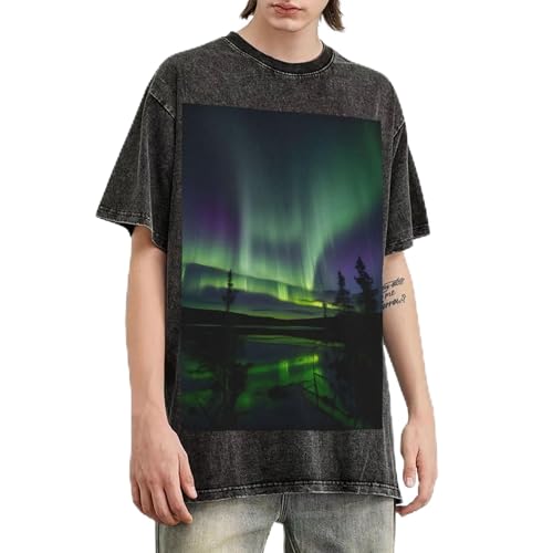 T-shirt surdimensionné homme en coton lourd imprimé Northern Lights vintage