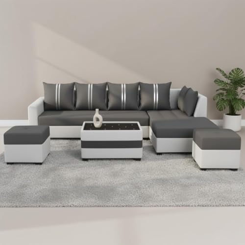 Image of FURNY Stylio 8 Seater Fabric RHS L Shape Sofa Set with 1 Centre Table & 2 Ottoman (Dark Grey-Light Grey) | Premium Velvet Finish | Durable & Comfortable Ideal for Living Room