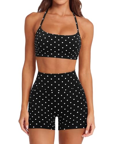 SUUKSESS Women 2 Piece Workout Sets Padded Halter Sports Bras High Waisted Biker Shorts with Pockets Built in Bra Athletic Tops (Black Polka Dots M)
