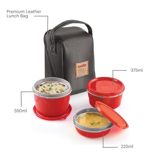 Image of CELLO MF Micro Insulated Lunch Box | Stainless Steel Inner | 3 Container with Leather Carry Pouch | Lunch Pack for Office & School, College Use | 3 Units | Red
