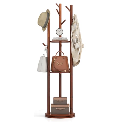 GOPLUS Perchero de Pie Giratorio 360°, Perchero de Madera con 3 Estantes y 9 Ganchos para Colgar Abrigos, Sombreros, Bufandas y Bolsos, para Entrada Salón Dormitorio Pasillo, 42 x 167 cm, Nogal