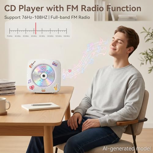 Image of CD Player Portable Bluetooth Rechargeable: CD Players for Home with 1800mAh Kegaudio Desktop Wall CD Player with Speakers Music Player CD Boombox FM Radio USB Remote Control