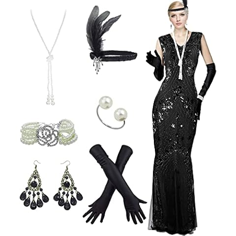1920s Floral Sequin Mermaid Dress with Accessories Cover