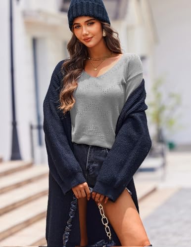 Image of Zeagoo Womens Sweaters Fall Trendy Casual Long Sleeve Shirt Lightweight V Neck Off Shoulder Crochet Pullover Top Outfit
