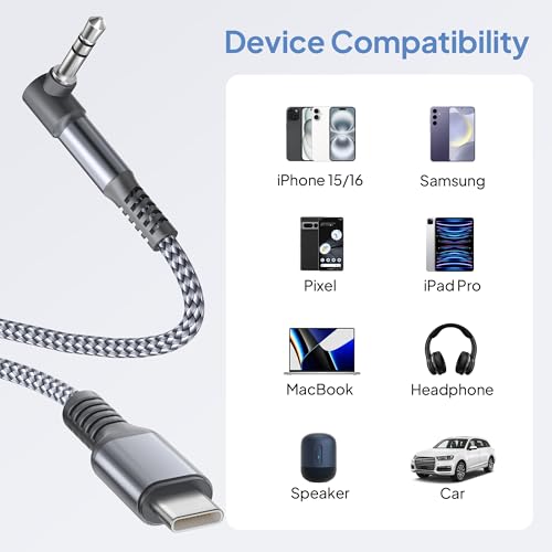 Image of Elebase for iPhone 17 USB C Aux Cable 6FT,Type C to Right Angle 3.5MM Jack Audio Adapter Auxiliary Cord 90 Degree for Car,Pixel 10 9 8,iPhone 15 16 Pro Max,iPad 10,Mini 6 7,Air 4 5,Samsung A36 A26