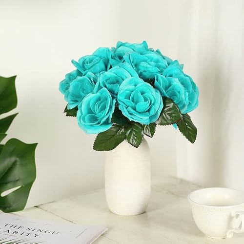 Efavormart 14 Turquoise Velvet Roses Artificial Flower Bouquet For Diy, Floral Arrangment, Home, Party, Garden, Table Centerpieces Decorations #TOP16