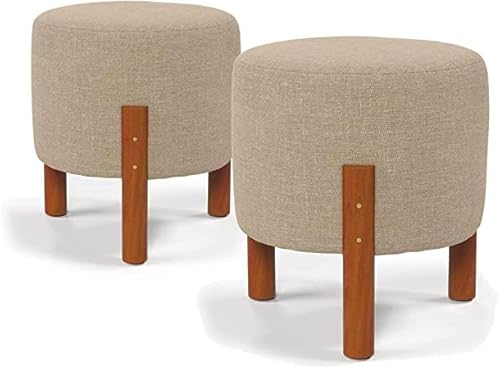 Kit 2 Puff Banquinho Redondo Decorativo Thor em Linho Pés Madeira Maciça Cor Bege