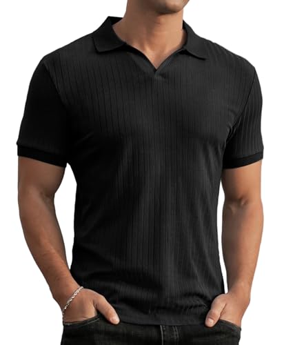 Askdeer Men's Muscle Polo Shirts V Neck Slim Fit Ribbed T Shirts Short/Long Sleeve Golf Collar Shirt Knit Casual Tee2