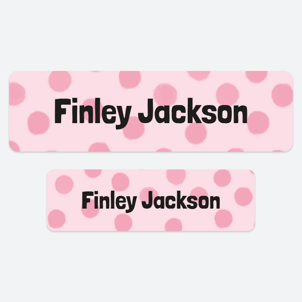 50 x No Iron Personalised Stick On Waterproof Washable Name Labels Great for Clothes, School Uniform, Equipment, Shoes. School, Nursery, Day Care, Hospital - Doodle Spots Pink โ image 1