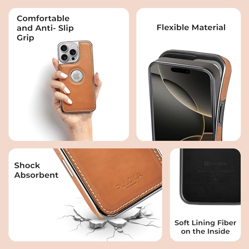 Image of PULOKA Chrome Leather Back Case - Compatible with iPhone 16 Pro - Luxury Bumper Case - Flexible Vegan Leather - Electroplated Sides & Logocut - Full Camera Protetection & Raised Edges - TAN