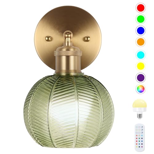 Image of Battery Operated Wall Sconce, Vintage Wall Sconce with Deep Green Tulip Glass Lampshade Rechargeable, Battery Wall Light with Remote,Wireless Wall Sconces, for Bedroom,Living Room, Hallway