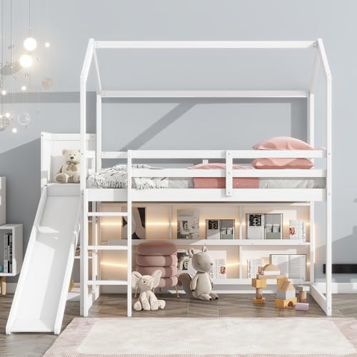 RuiSiSi Twin Size House Loft Bed with Slide and Storage Shelves, Wood Playhouse Loft Bed Twin Size with Light for Kids, White