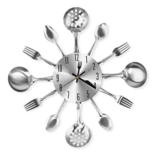 14 Inch Cutlery Kitchen Wall Clocks with Fork and Spoon Dial, Silent Clock Movement and Battery Operated, Great Wall Decor and Nice Housewarming Gifts