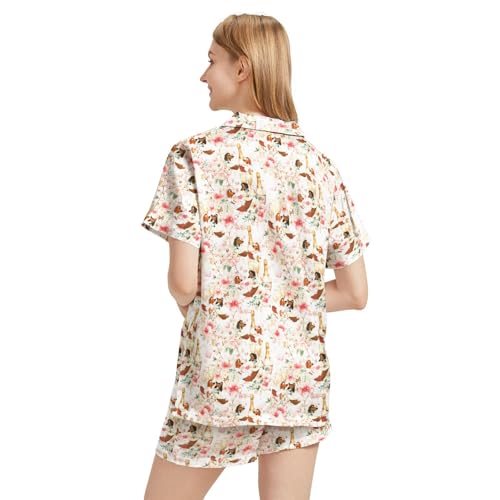 Image of Silk Satin Pajama Set for Women Summer Lounge Pjs Sets 2 Piece Suit Ladies Button Down Tops And Shorts Sleepwear