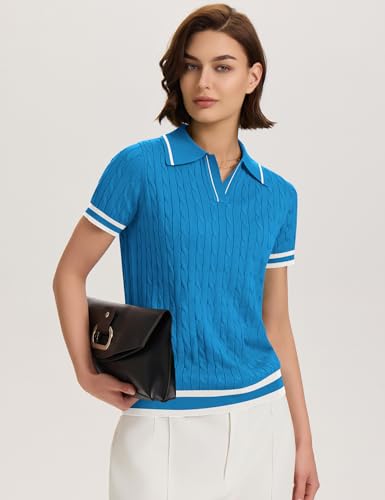 Image of Micoson Womens Short Sleeve Sweater Tops Lapel V Neck Polo Shirts 2026 Summer Cable Knit Loose Blouse Business Casual Outfits