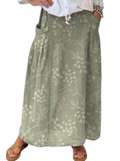 TIAFORD Women Flowy Floral Print Maxi Skirt Summer Casual Boho High Elastic Waist Loose Long Skirt with Pocket