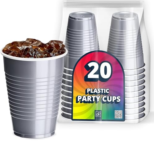 DecorRack 20 Party Cups 12 oz Disposable Plastic Cups for Birthday Party Bachelorette Camping Indoor Outdoor Events Beverage Drinking Cups (Grey 20)