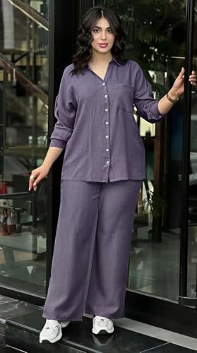 Image of Women's Solid Color Two-Piece Set | Long Sleeve Top & Wide Leg Pants Co-ord Set | Casual Wear Co ord Set