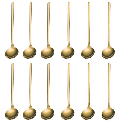 Olleco Lot de 12 cuillères à café dorées en acier inoxydable, cuillères à café, cuillères à dessert, petites cuillères pour sucre, glace, gâteau, 13 cm, élégantes et inoxydables