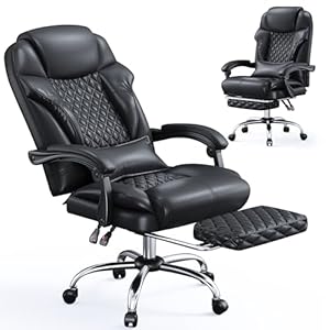Office Chair with Retractable Footrest, Ergonomic High Back Design Executive Computer Desk Chair with Removable Lumbar Pillow,90-145°Reclining Thick Bonded Leather for Home Office Work,Black