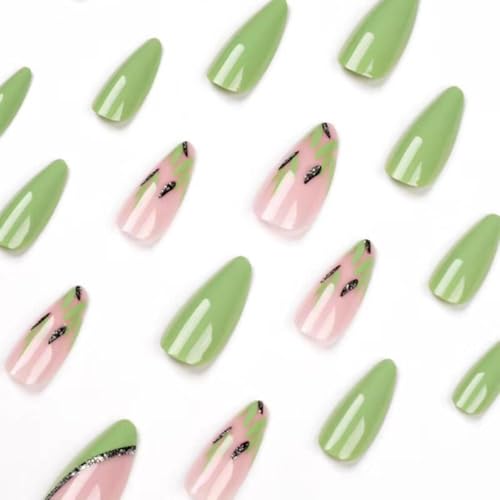 Image of Green Press on Nails Medium Almond Fake Nails with Design Green Leaf Glue on Nails Cute False Nail Glossy Nail Tips Full Cover Acrylic Stick on Nail for Women Girls Manicure 24PCS
