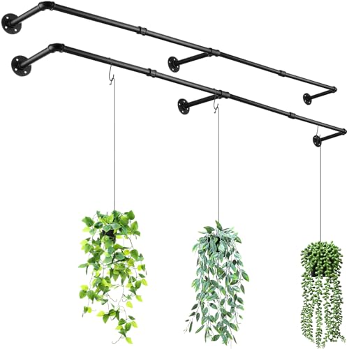 Honeydak 2 Pcs 72.05 x 10.63 Inch Plant Hanging Rod with Hooks Metal Plant Hanger Indoor Holder Window Shelves Hanging Planters Wall Mount Planter Bar for Ceiling Garden, Black