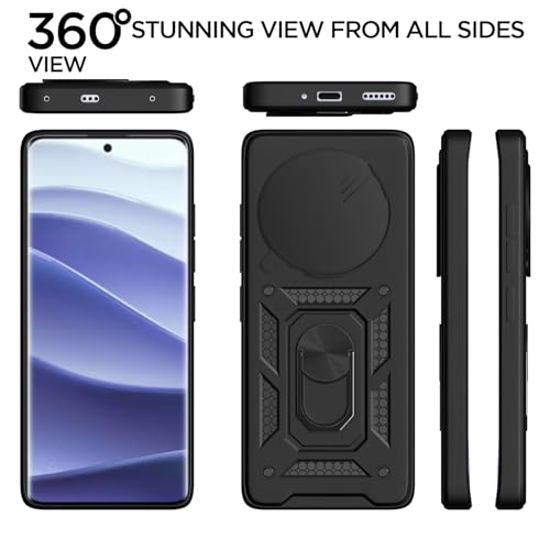 Image of Pikkme Back Cover for Redmi Note 14 Pro Plus 5G | D10 Tough Armor | 360 Protection Case | Sliding Camera Shield Cover & Ring Holder Stand Bumper Case (Black)