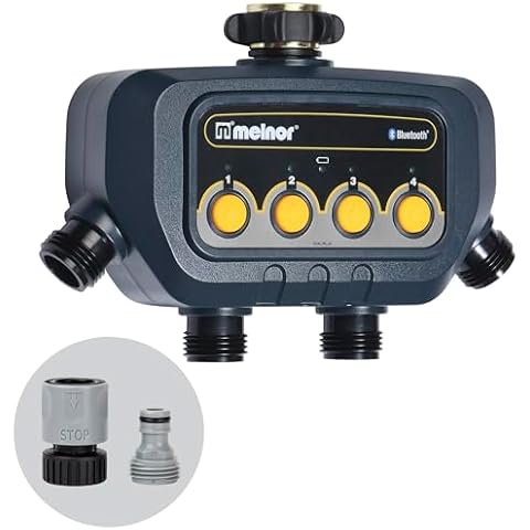 Melnor 65184AMZ Bluetooth Water Timer with 4-Zone Control, 12 Programmable Start Times, Watering Delay, Manual Mode, Weather-Resistant, 2 Piece Quick Connect Bundle, Black, Yellow Cover