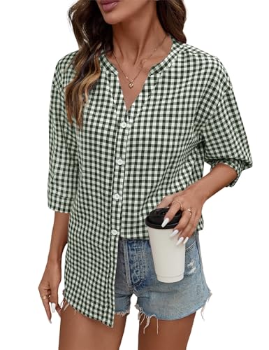 LOMON Womens Cotton 3/4 Sleeve Shirts Gingham Striped Button Down Blouses by LOMON - Used condition - Image 4