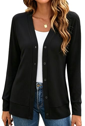 Women's V Neck Casual Comfy Cardigan Sweaters Trendy Summer Lightweight Knit Cardigans Tops (XL, Black)