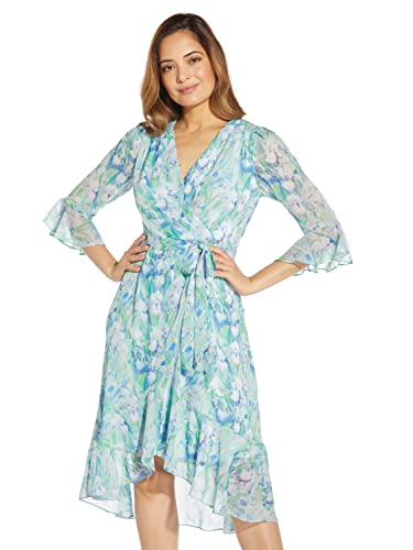 Adrianna-Papell-Womens-Printed-Chiffon-Short-Dress-with-Three-Quarter-Bell-Sleeves