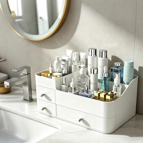 Image of ROKTRY Large Organizer with Drawers for Vanity, Bathroom Counter Organizer for Cosmetics & Skincare, Plastic Makeup Storage Box with Compartments, Vanity Organizer for Accessories