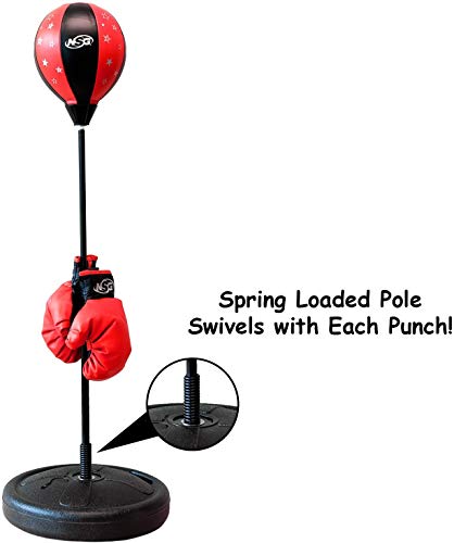 NSG Punching Bag and Boxing Gloves Set for Kids - Freestanding Base Punching Ball with Spring Loaded Height Adjustable Stand, Junior Boxing Gloves, and Hand Pump - Ages 3+
