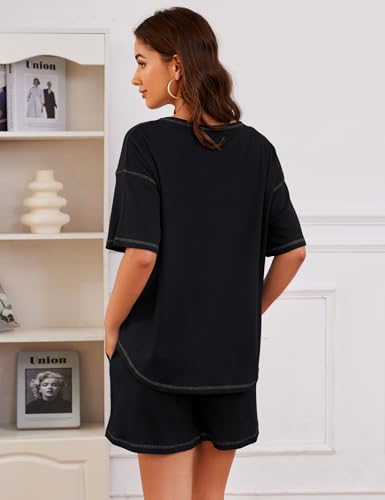Image of Womens Pajama Sets Waffle Knit 2 Piece Short Lounge Set Cute Sleep Loungewear Pjs Set Short Sleeve Top and Shorts