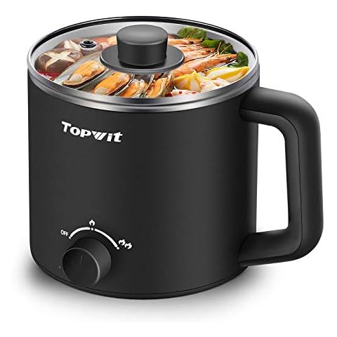 Topwit Hot Pot Electric, Electric Pot, 1.6L Ramen Cooker, Multifunctional Electric Cooker for Pasta, Shabu-Shabu, Oatmeal, Soup and Egg with Over-Heating Protection, Boil Dry Protection, Black Cover