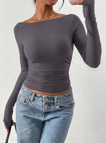 PRETTYGARDEN Long Sleeve Shirts for Women 2025 Fall Ruched Sides Boat Neck Basic Tee Casual Fitted Ribbed Knit Crop Tops