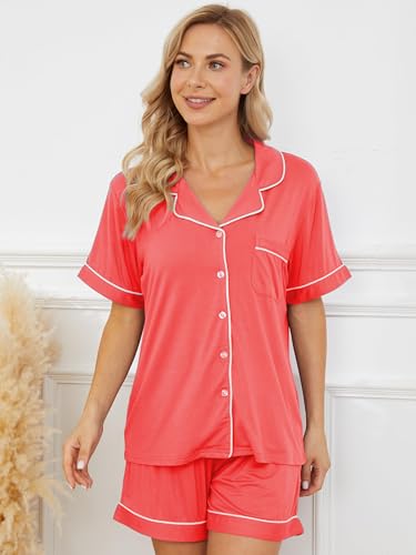 Image of Womens Pajama Sets Short Sleeve Sleepwear Soft Button Down Nightwear Lounge Pj Set XS-XXL